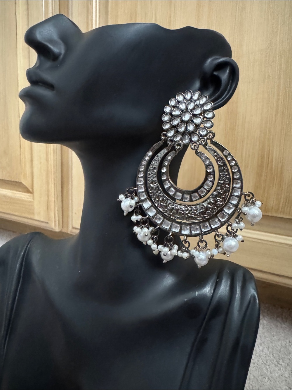 Antique Silver-Tone Chandbali Pearl Drop Earrings - Women Jewelry